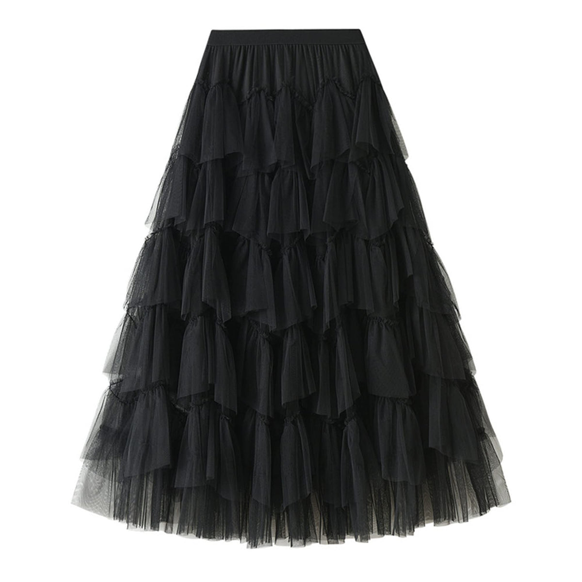 Dirholl Women's A-Line Fairy Patterned Elastic Waist Ruffle Tulle Layered Midi Skirt