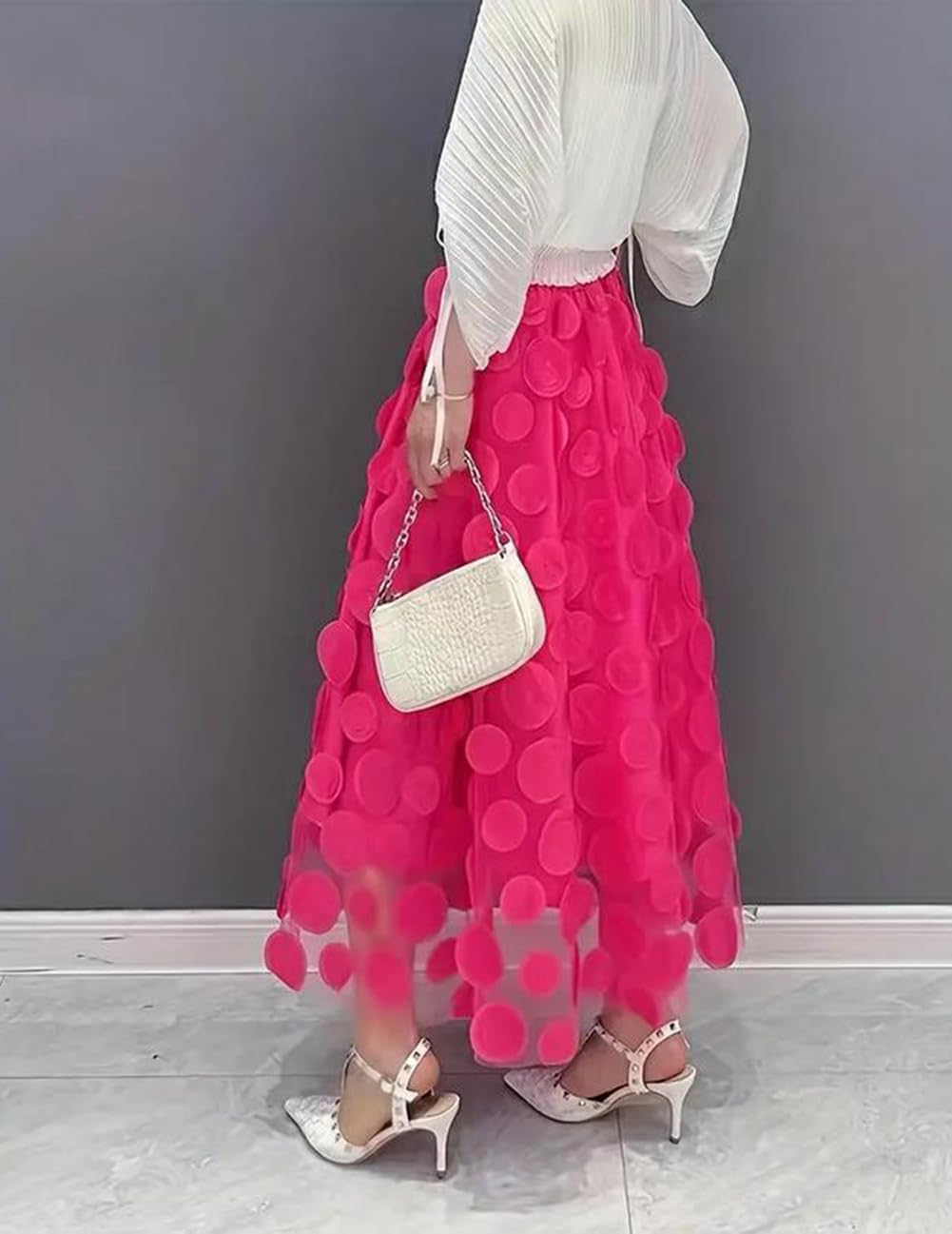 Tulle Skirt Women 3D Polka Dot Elastic Waist Mesh Flowy A-Line Midi Skirts Wedding Halloween Party Outfit