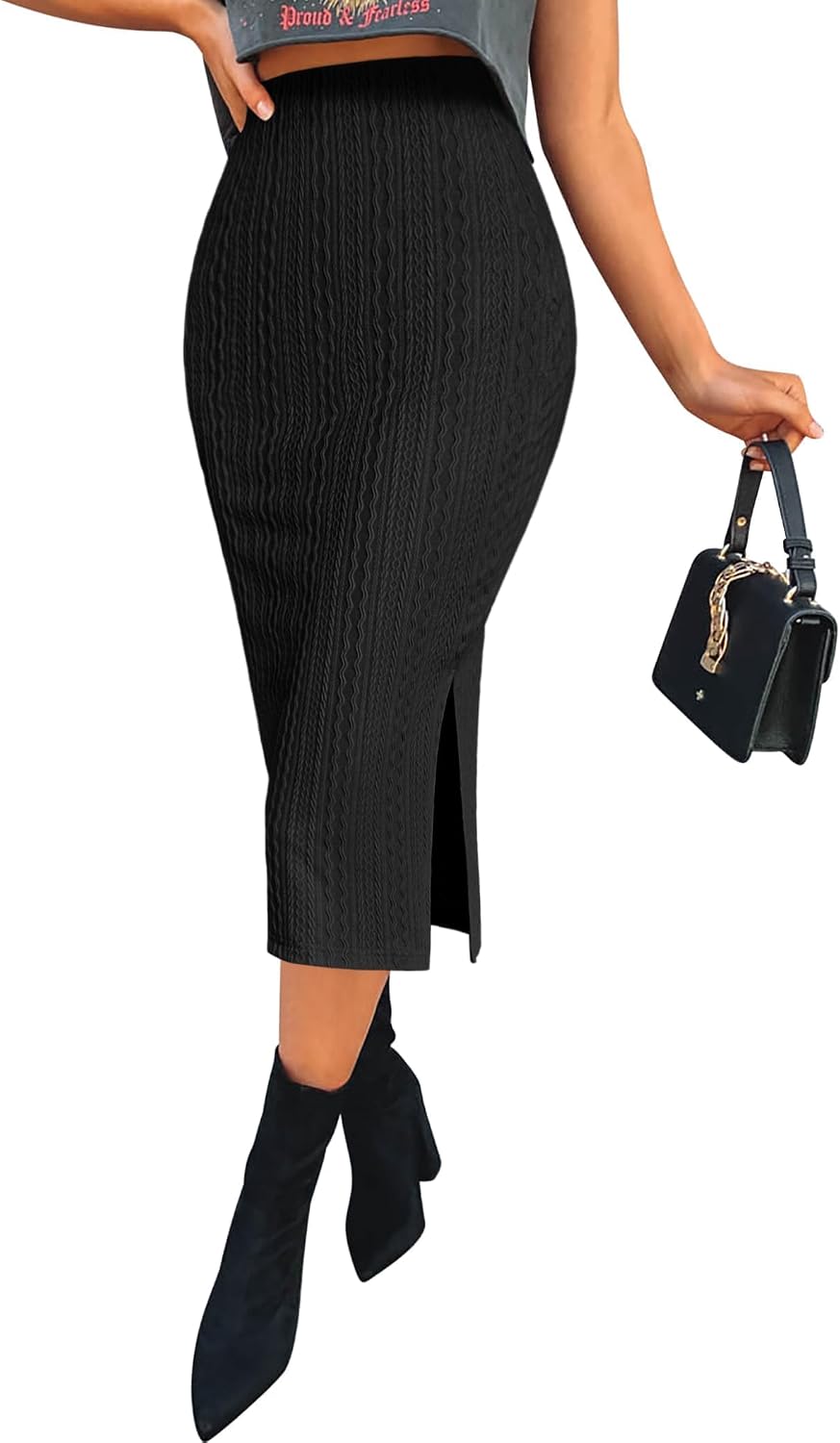 Zeagoo Womens Knit Midi Skirts Casual Pencil Skirt High Waisted Long Skirt with Slit Elegant Work Office Skirts