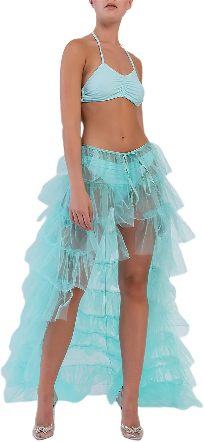 Women Y2k High Low Tulle Skirt Self-Tied Mesh Ruffle Layered See-Through Floor-Length Cocktail Prom Party Skirt