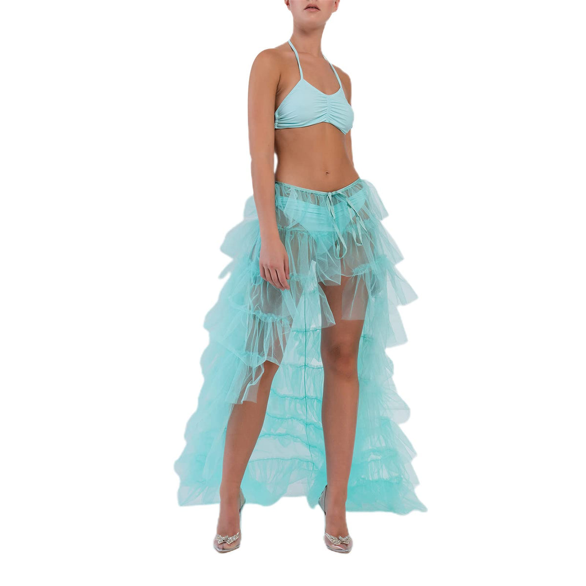 Women Y2k High Low Tulle Skirt Self-Tied Mesh Ruffle Layered See-Through Floor-Length Cocktail Prom Party Skirt
