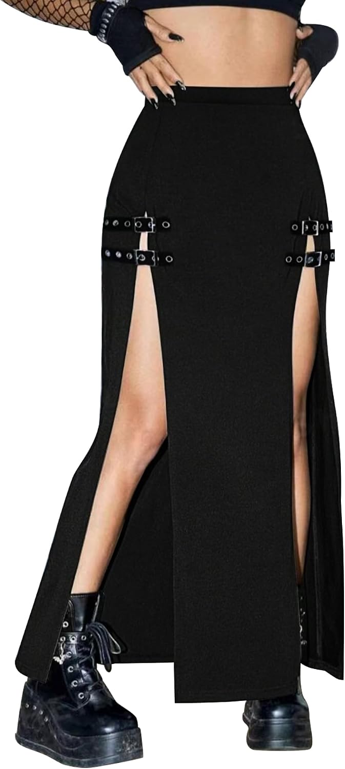 Black Punk Gothic Rave Maxi Skirts with Double Buckle Split for Women Long Goth High Waist Club Party Slit Skirt