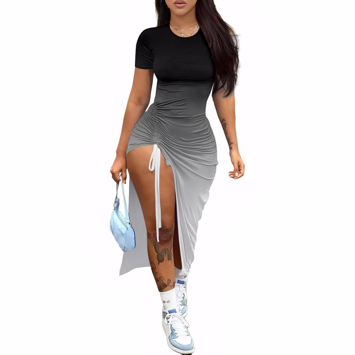 Nimsruc Women Sexy Summer Bodycon Dresses Short Sleeve Slit Maxi Club Dress