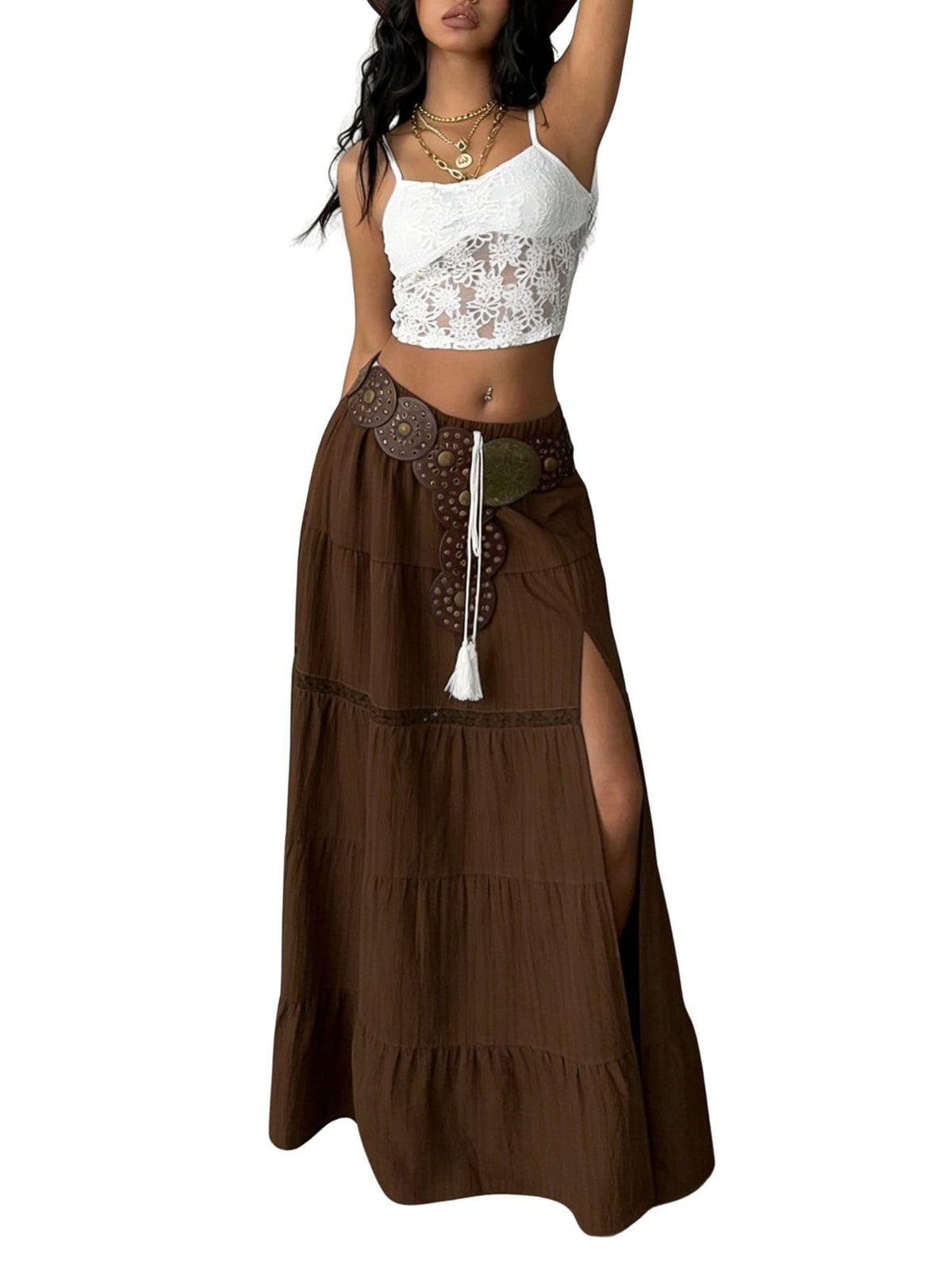 Verdusa Women's Long Maxi Skirts Boho Western Country Cncert Outfits Lace Skirt Split Layered Ruffle Skirt