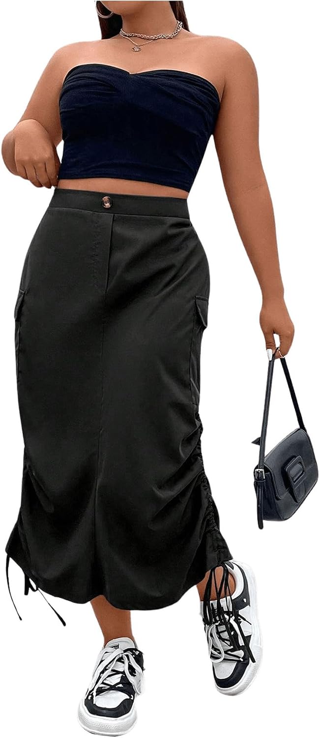 OYOANGLE Women's Plus Size Elastic High Waist Midi Cargo Skirts