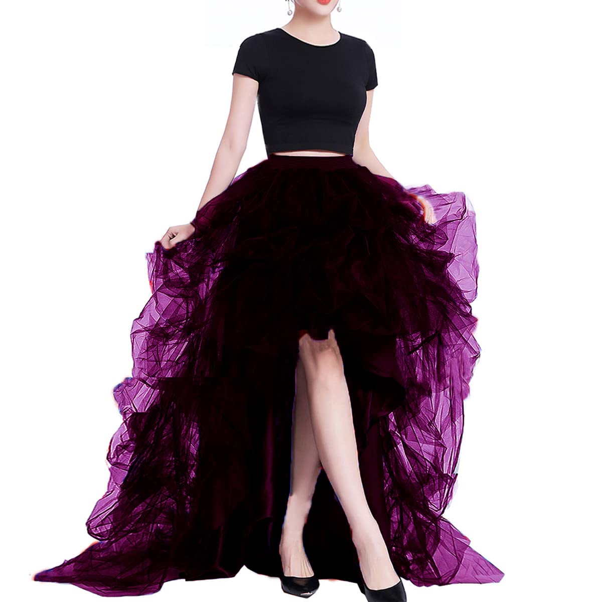 Lisong Women High Waist High Low Layered Tulle Floor Length Spectial Occasion Skirt