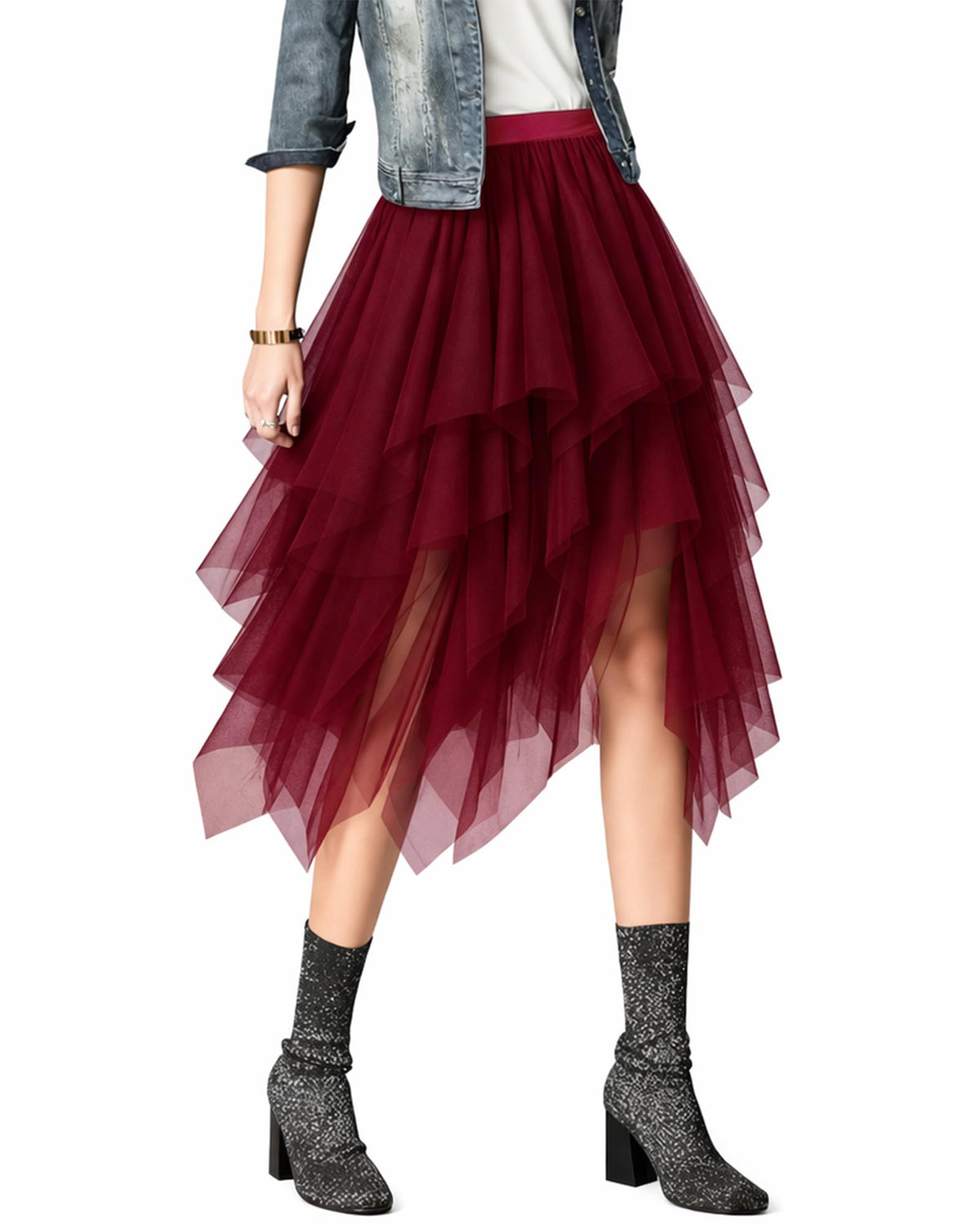 Jogold Womens 3 Layer Tulle Skirt High Waist Asymmetrical Midi Tutu