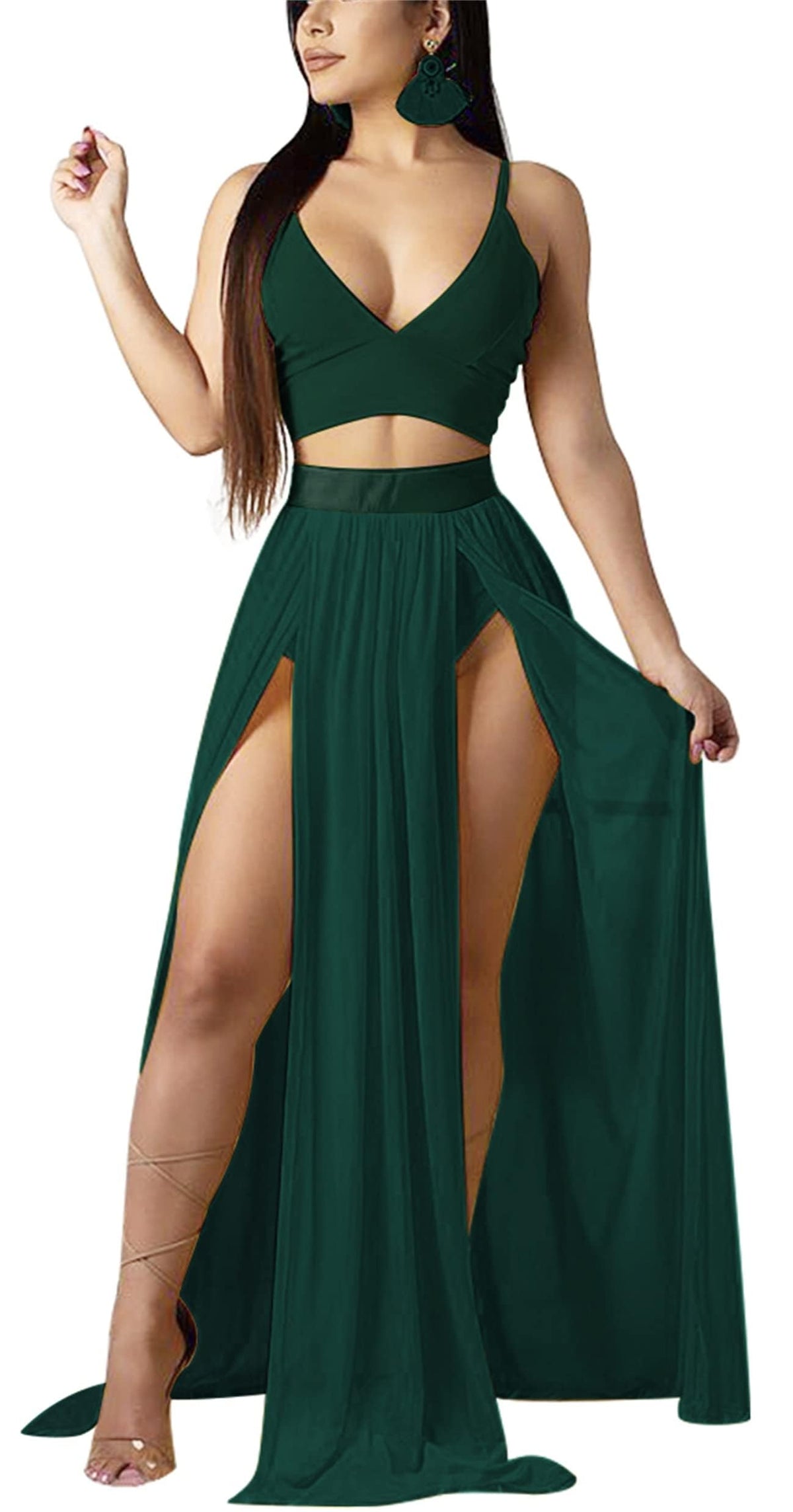 Women Sexy 2 Piece Outfits Dress Chiffon Strap Deep V Neck Bra Crop Top High Split Maxi Dresses Skirt Set