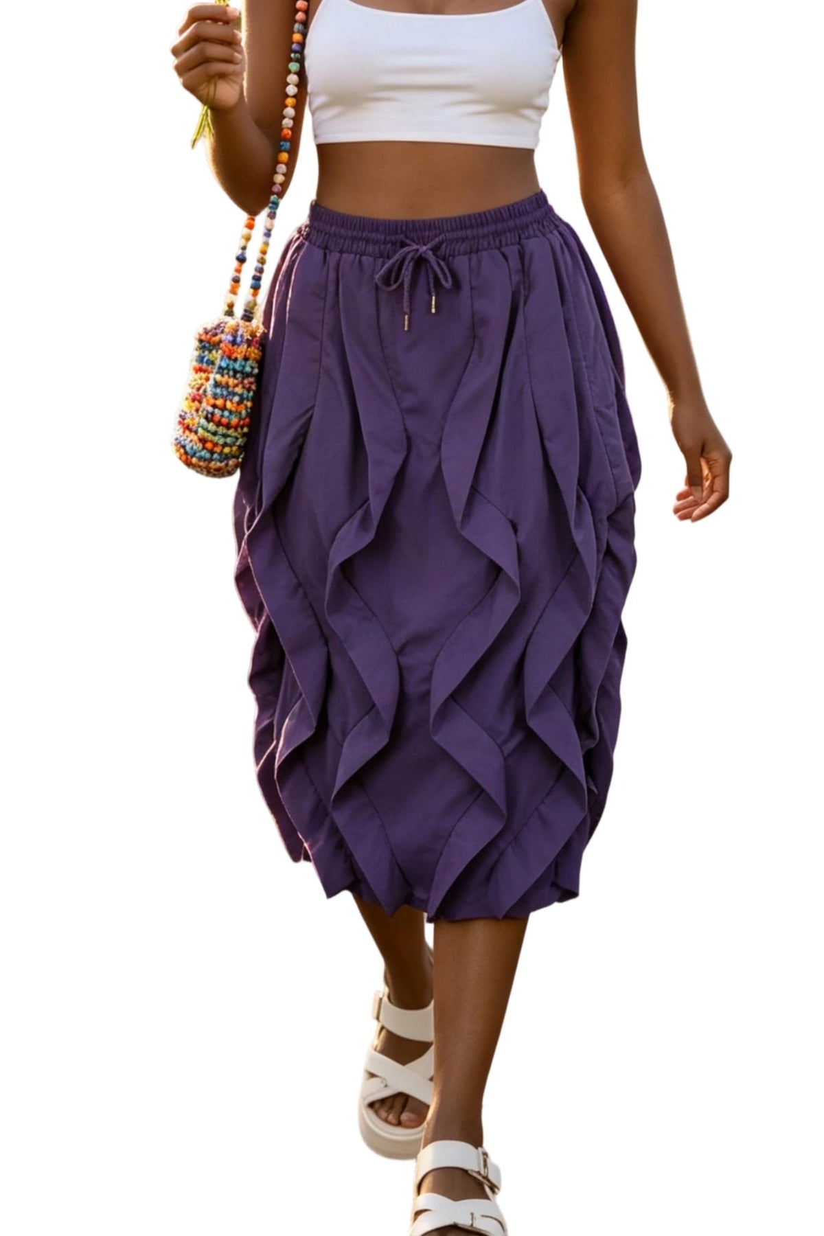 LROSEY Women Ruffle Cargo Skirt Y2k Novelty Drawstring Pleated Midi Skirts