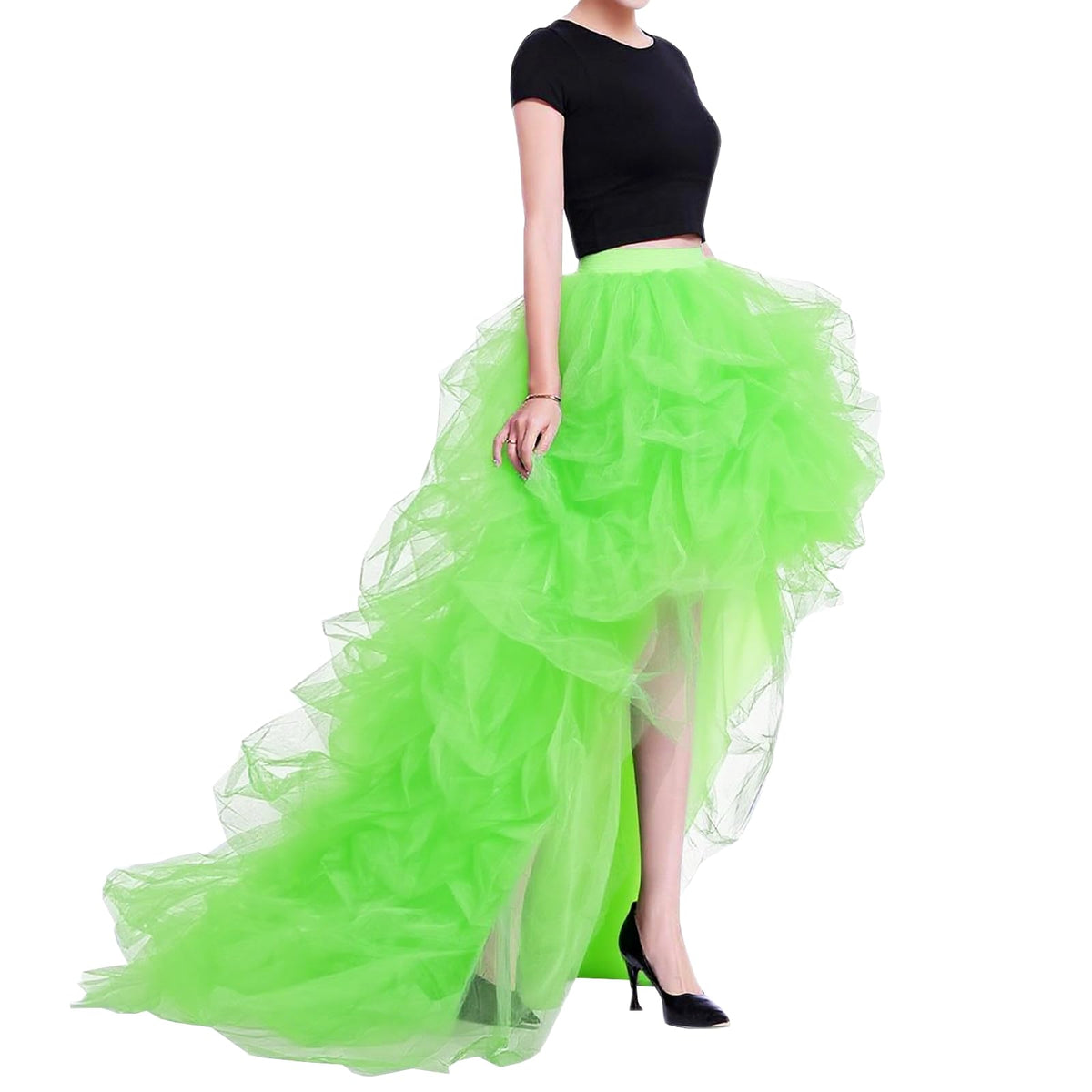 WDPL Women’s High Low Ruffled Tulle Skirt, Long Back Hem for Party Evening