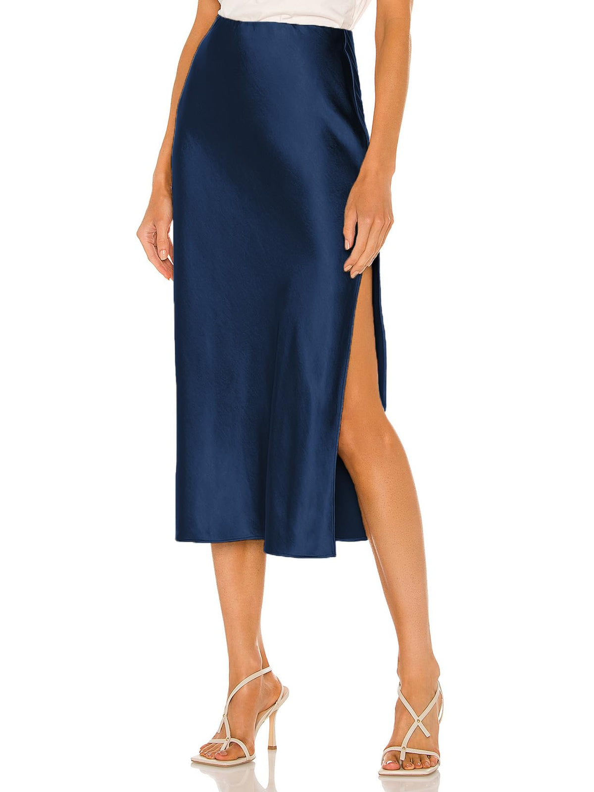 Womens Satin Silk High Waist Slit Midi Skirt Elastic Waistband Midi Skirts for Women