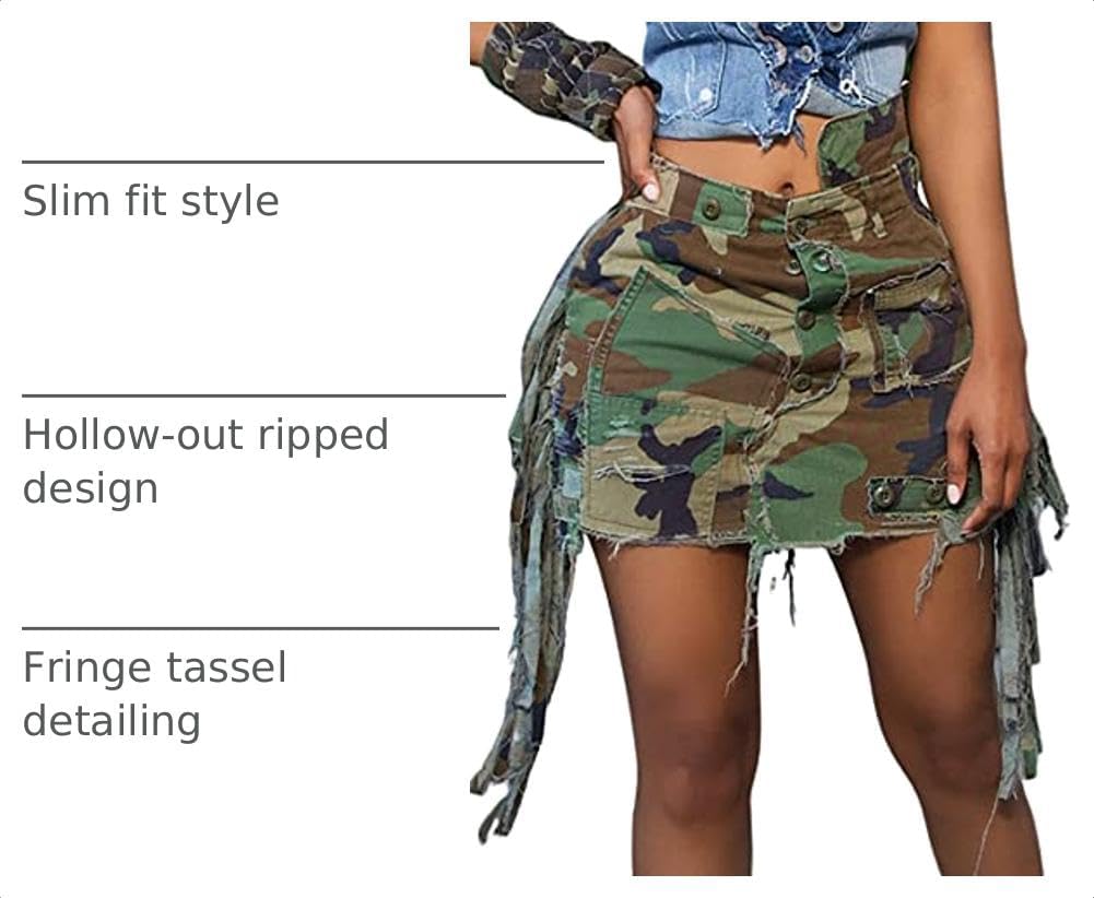 HuiSiFang Women's Camo Cargo Skirt Army Fatigue Ripped Sexy Mini Skirt
