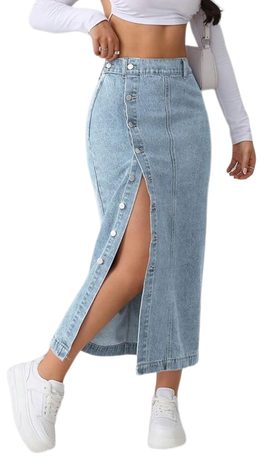 CaniBtr Women's Casual Slit Denim Midi Jean Skirt Stretch with Pockets