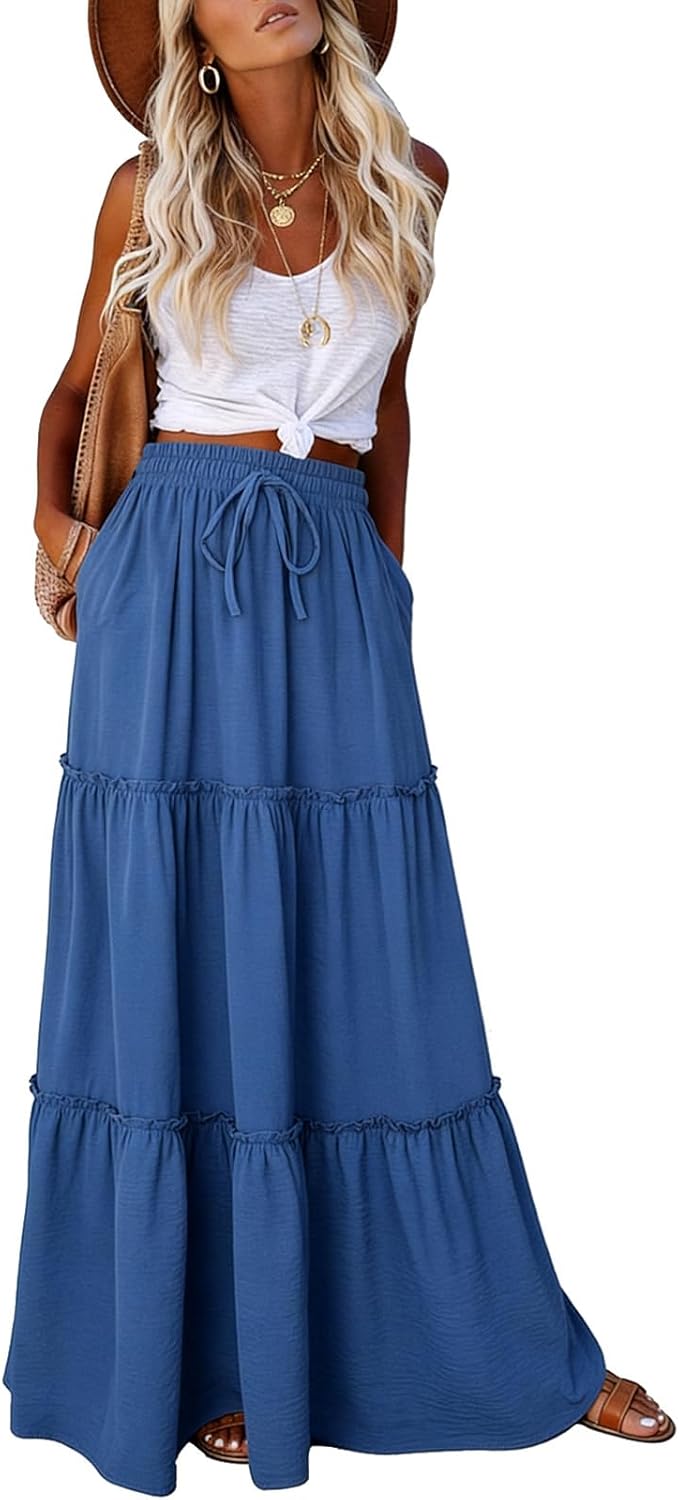 Younrui Maxi Skirts for Women 2026 Casual Elastic High Waist Tie Flowy Tiered Ruffled Long Skirt with Pockets