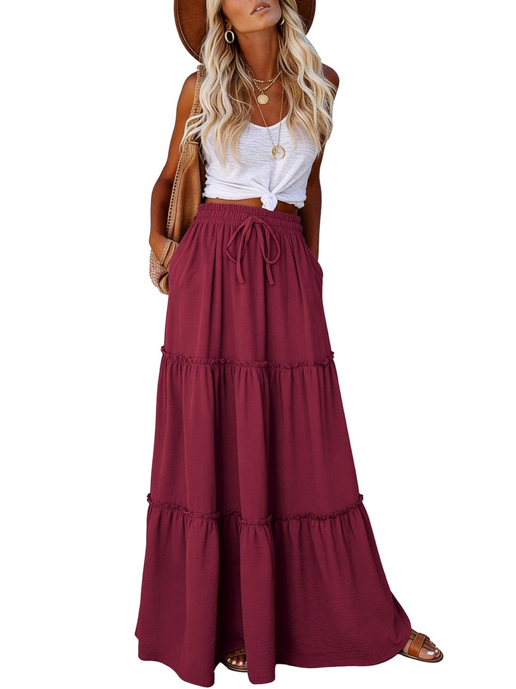 Younrui Maxi Skirts for Women 2026 Casual Elastic High Waist Tie Flowy Tiered Ruffled Long Skirt with Pockets