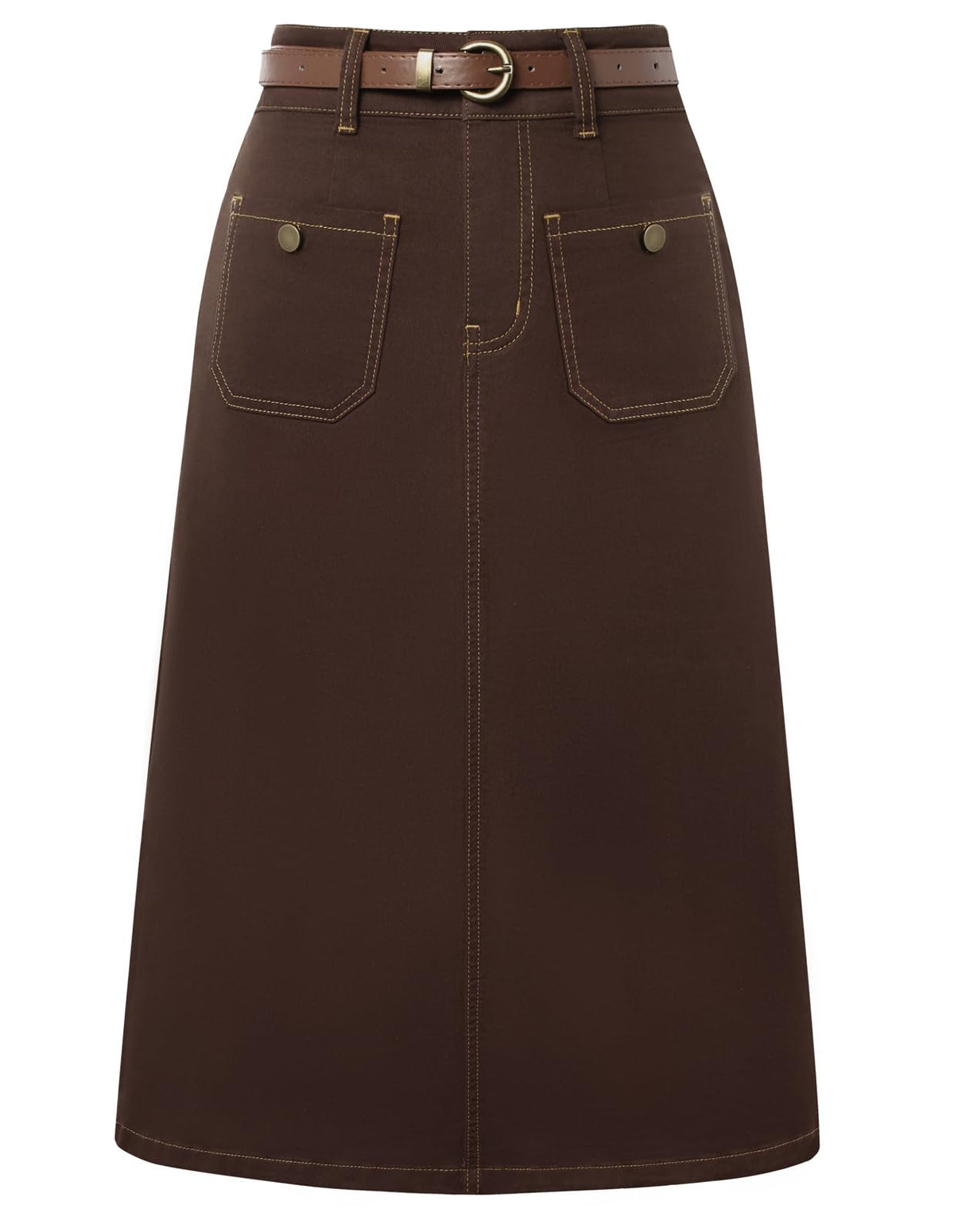 Belle Poque Denim Skirt with Belt Below Knee Length High Waisted Jean Skirts for Women