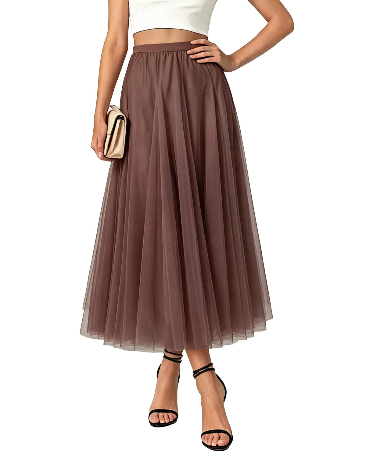 Betusline Women's Maxi Tulle Tutu Skirt A Line High Waisted Flowy Skirts