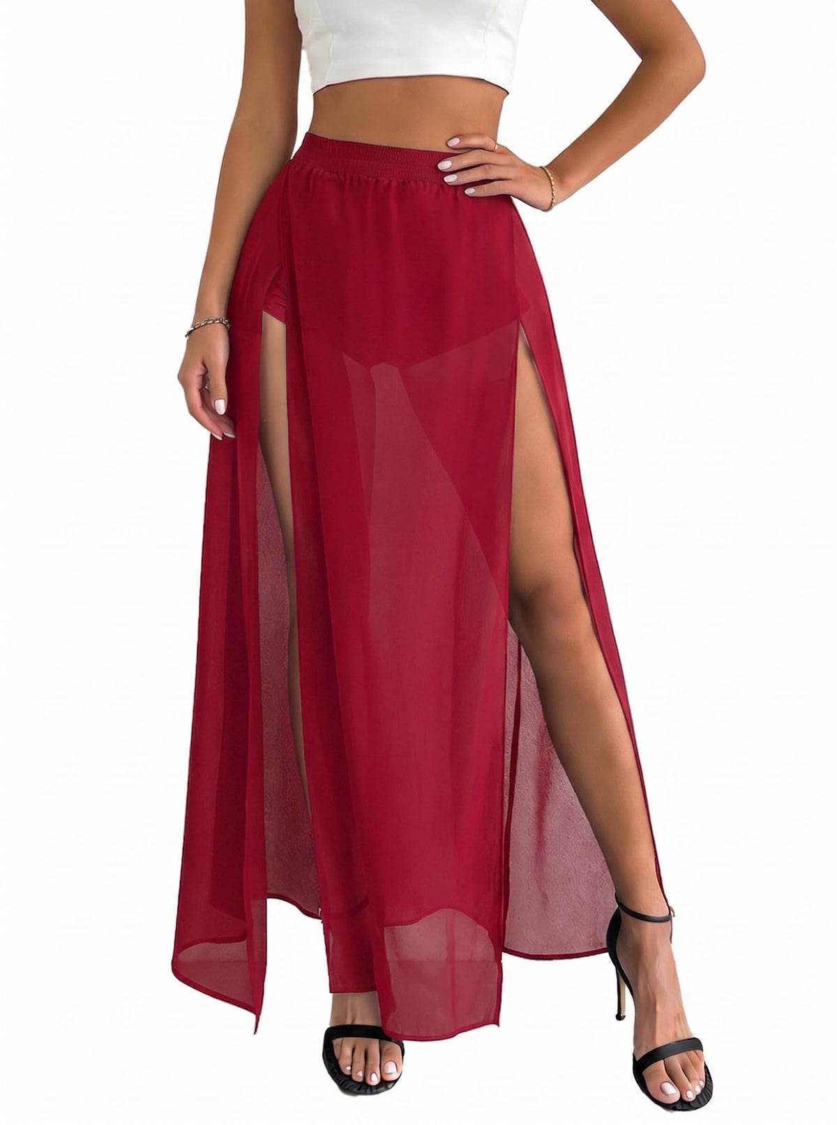 Avanova Women Double High Slit Mesh Sheer Maxi Skirt with Shorts
