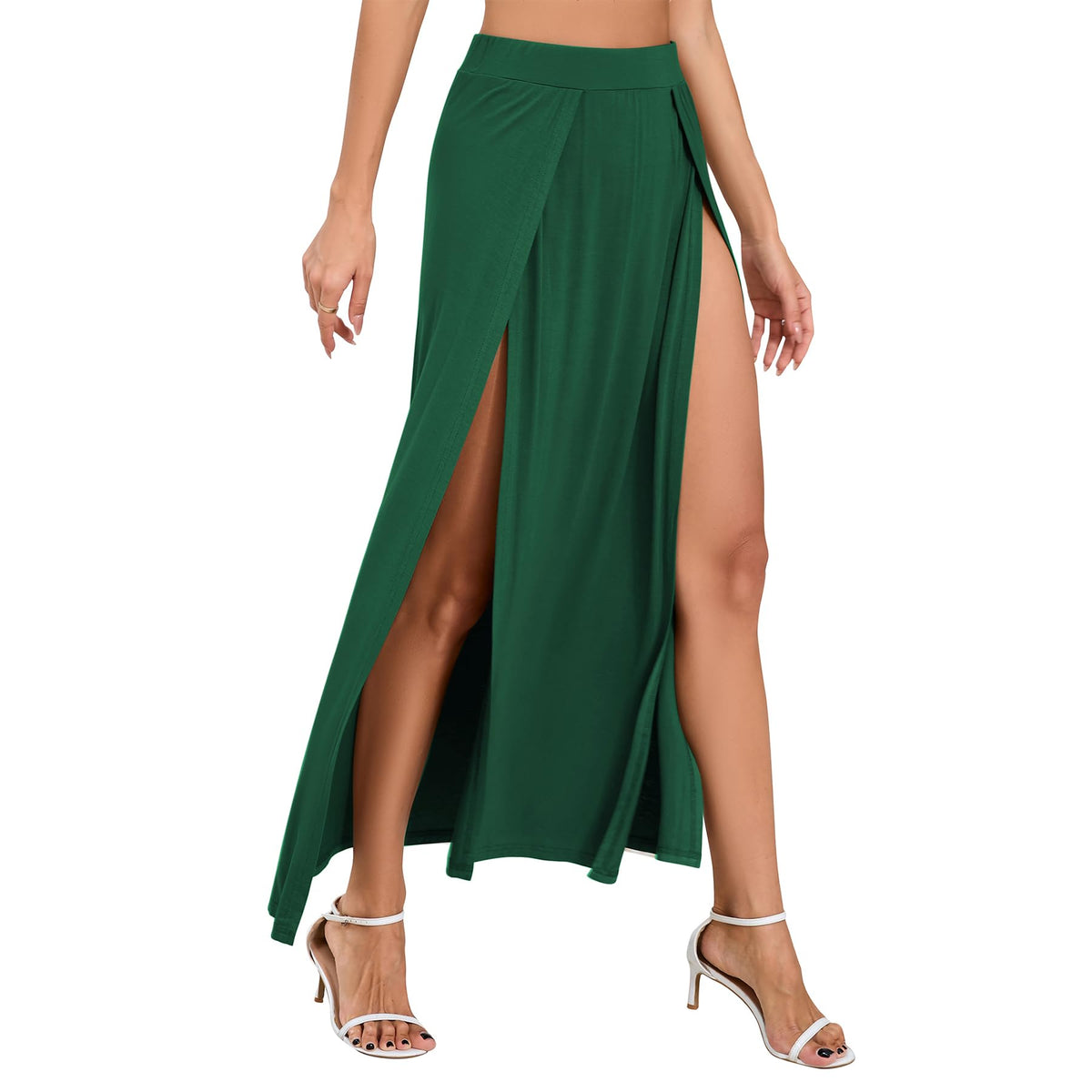 Zando Women's Sexy Double High Slit Maxi Skirt with High Elastic Waist