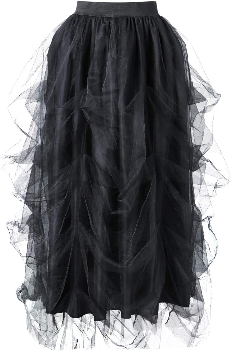 Women's Tulle Maxi Skirt Floor Length Layered Elastic High Waist Split Skirt A-Line Puffy Lace Mesh Tutu Skirt