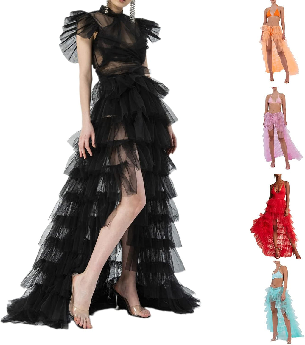 Women Y2k High Low Tulle Skirt Self-Tied Mesh Ruffle Layered See-Through Floor-Length Cocktail Prom Party Skirt