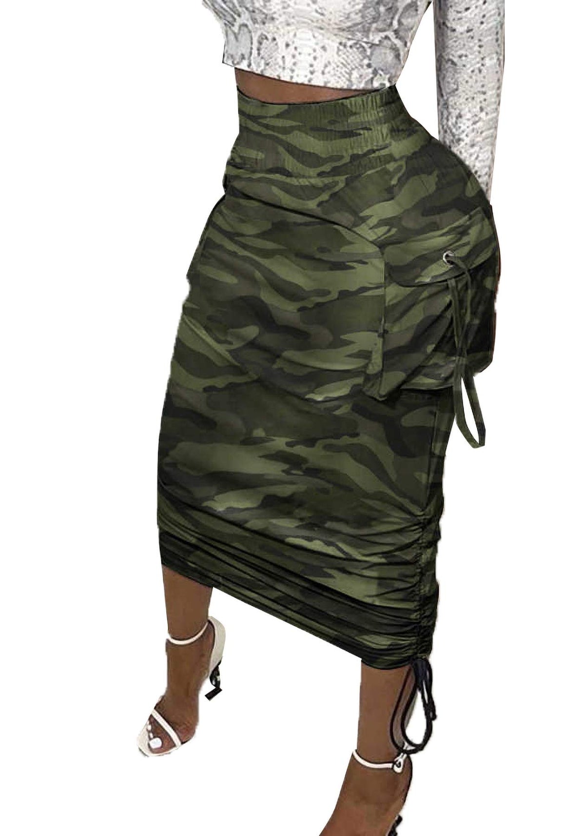 Vakkest Women's Camo Cargo Skirt High Waist Slit Front Long Bodycon Skirts