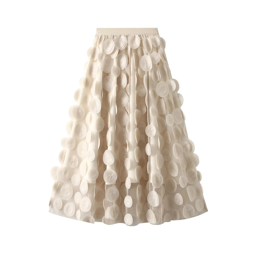 Tulle Skirt Women 3D Polka Dot Elastic Waist Mesh Flowy A-Line Midi Skirts Wedding Halloween Party Outfit