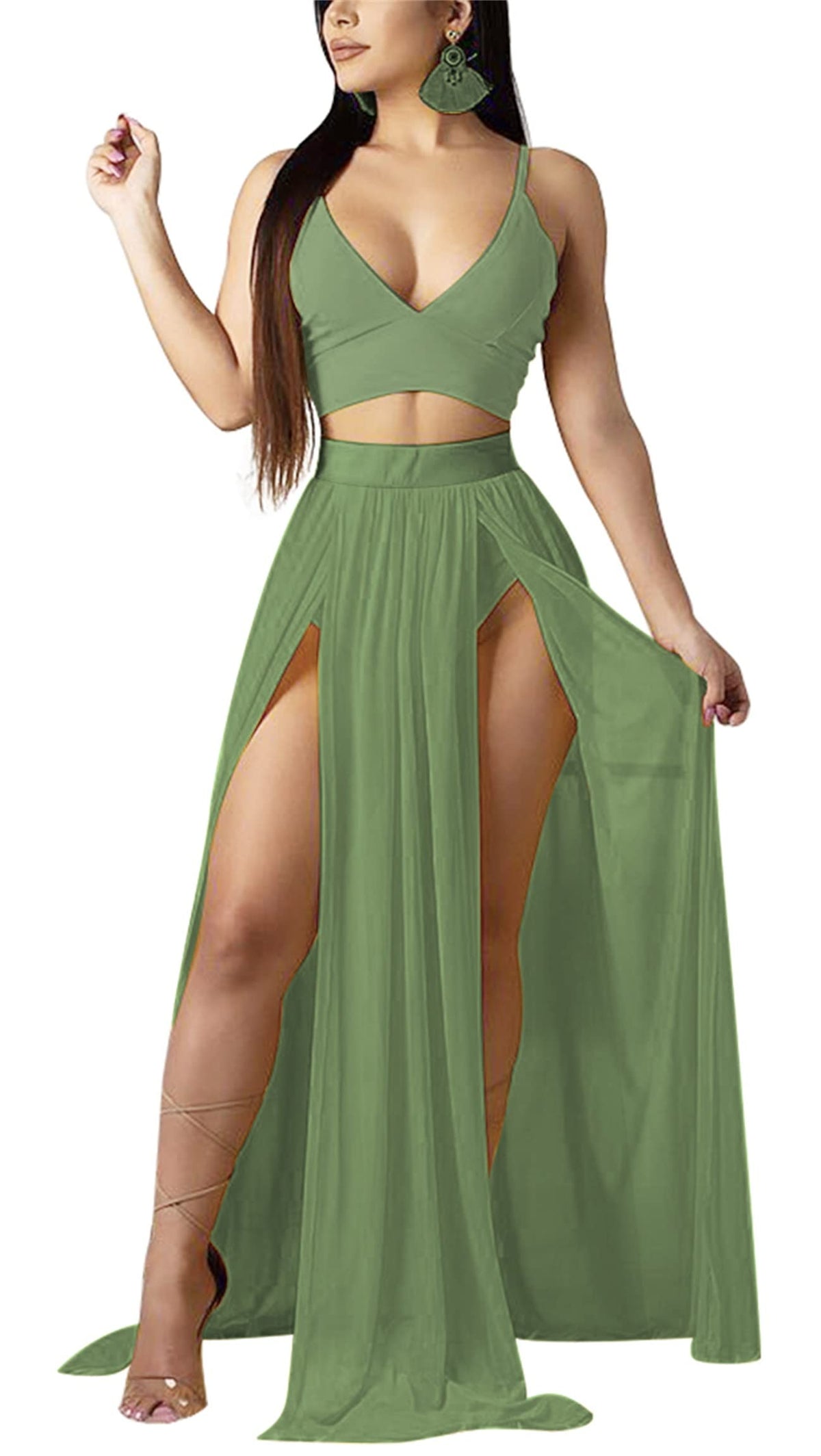 Women Sexy 2 Piece Outfits Dress Chiffon Strap Deep V Neck Bra Crop Top High Split Maxi Dresses Skirt Set