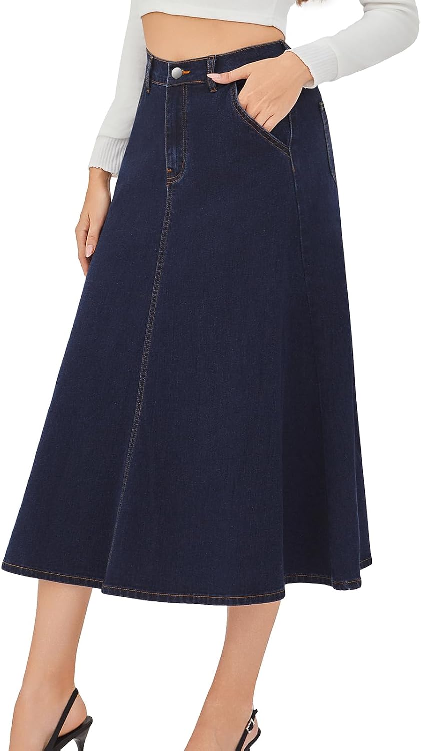 HUSKARY Women's Stretchy High Wasited A Line Long Maxi Jean Skirt Below Knee Length Flared Midi Denim Skirts with Pockets