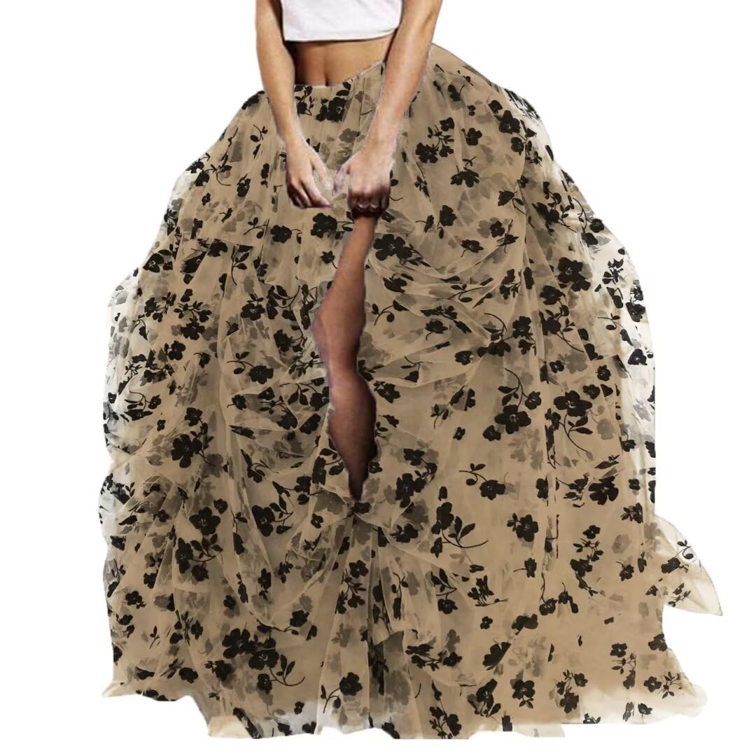 WDPL Women's Long Maxi Slit Tulle Special Occasion Bustle Night Out Skirt