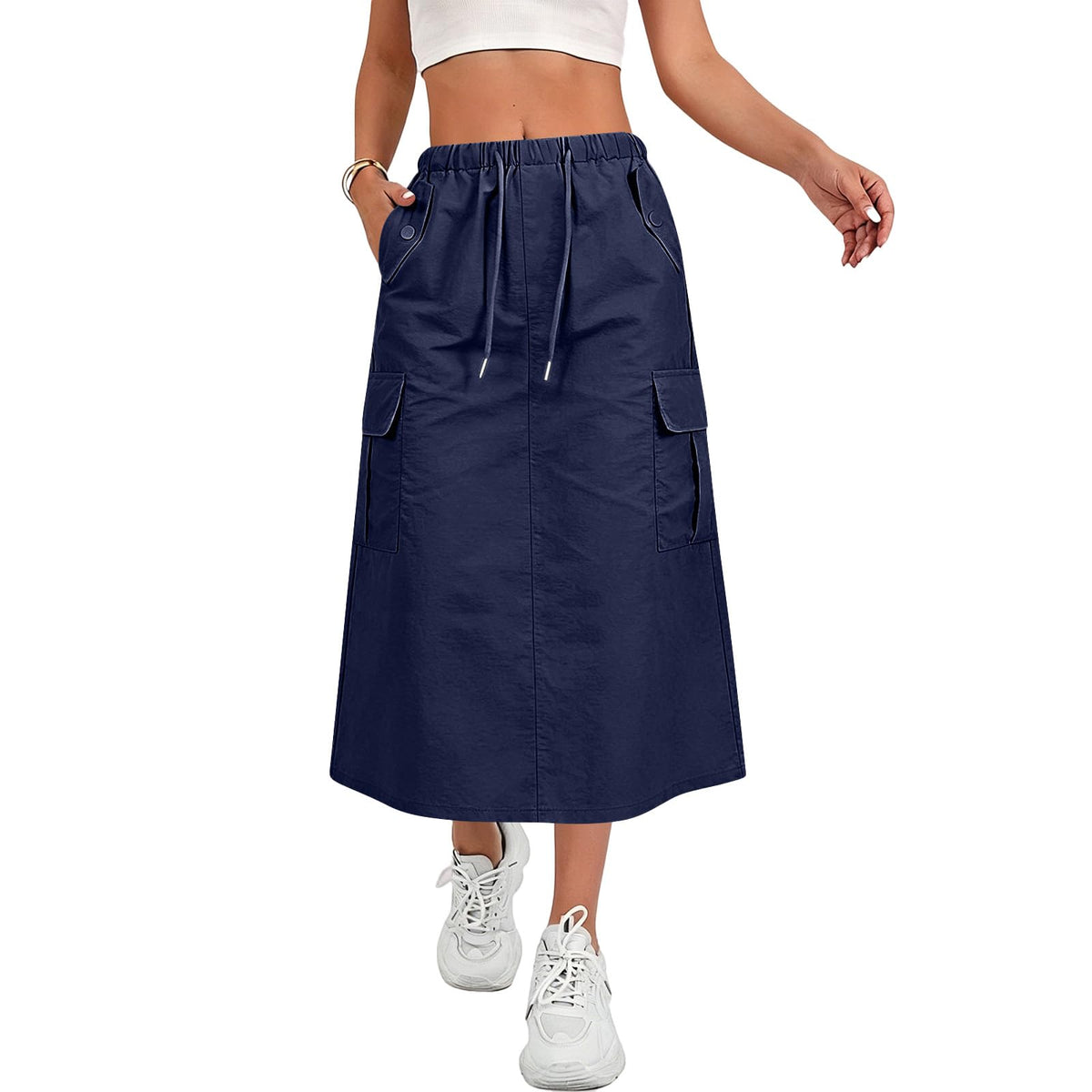 Cargo Skirts for Women Summer Trendy Quick Dry Midi Skirts Drawstring Hiking High Wasited A Line Skirt with Pockets