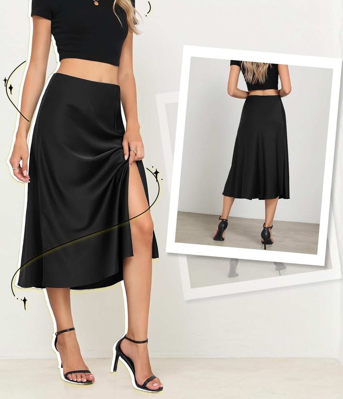 Women's Slit Satin Midi Skirt High Waisted Leopard Silk Long Skirts