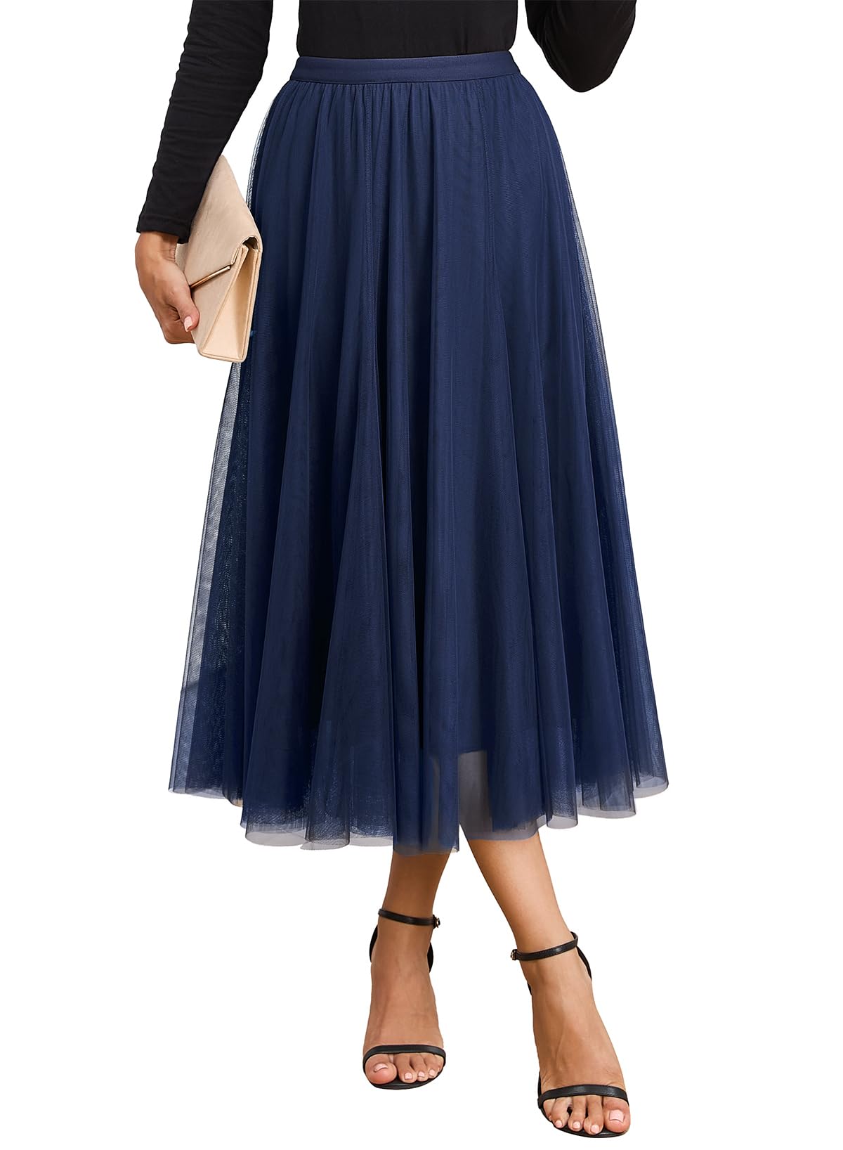 Happy Sailed Womens Tulle Skirt Elastic High Waisted A-Line Layered Flowy Long Skirts Date Night Outfit