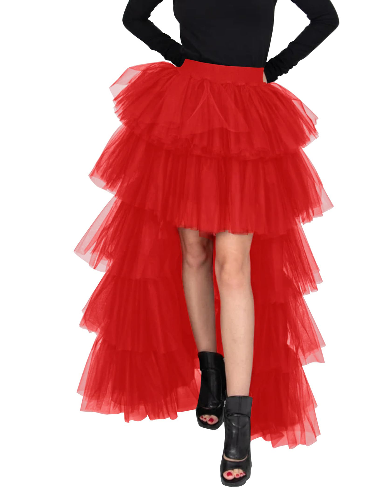 Women's High Low Tutu Skirts Sweet Elastic Waist Tulle Layered Ruffles Mesh Long Tiered Skirt