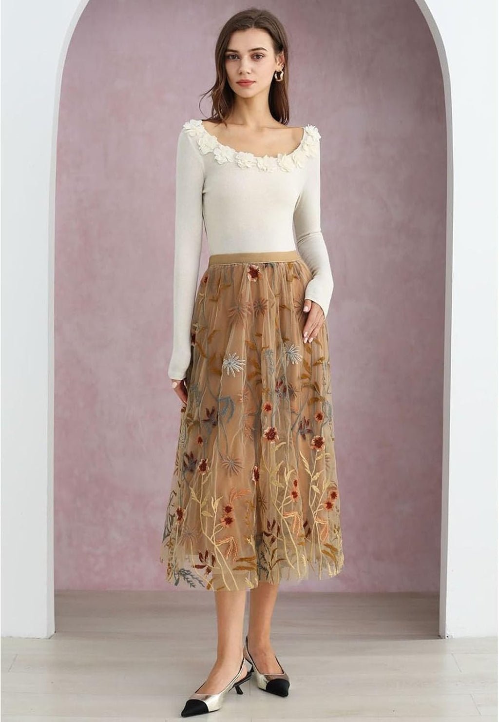 CHICWISH Women Floral Embroidered Tulle Skirt Flared A Line High Elastic Waist Mesh Double-Layered Midi Skirt