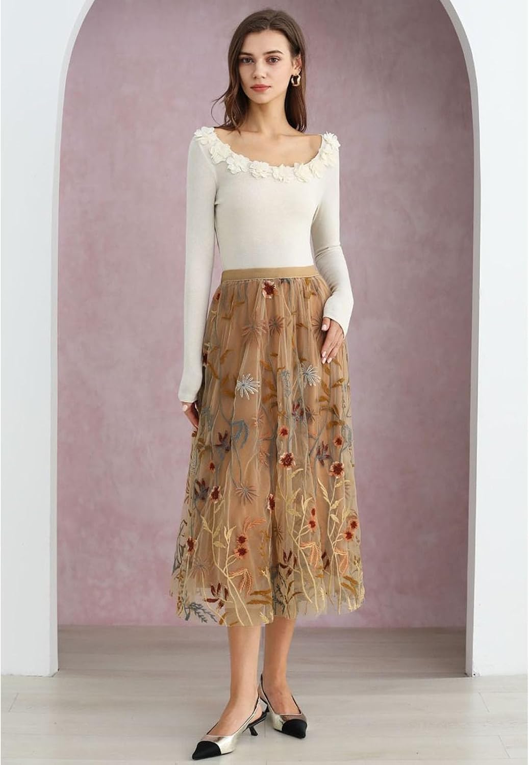 CHICWISH Women Floral Embroidered Tulle Skirt Flared A Line High Elastic Waist Mesh Double-Layered Midi Skirt
