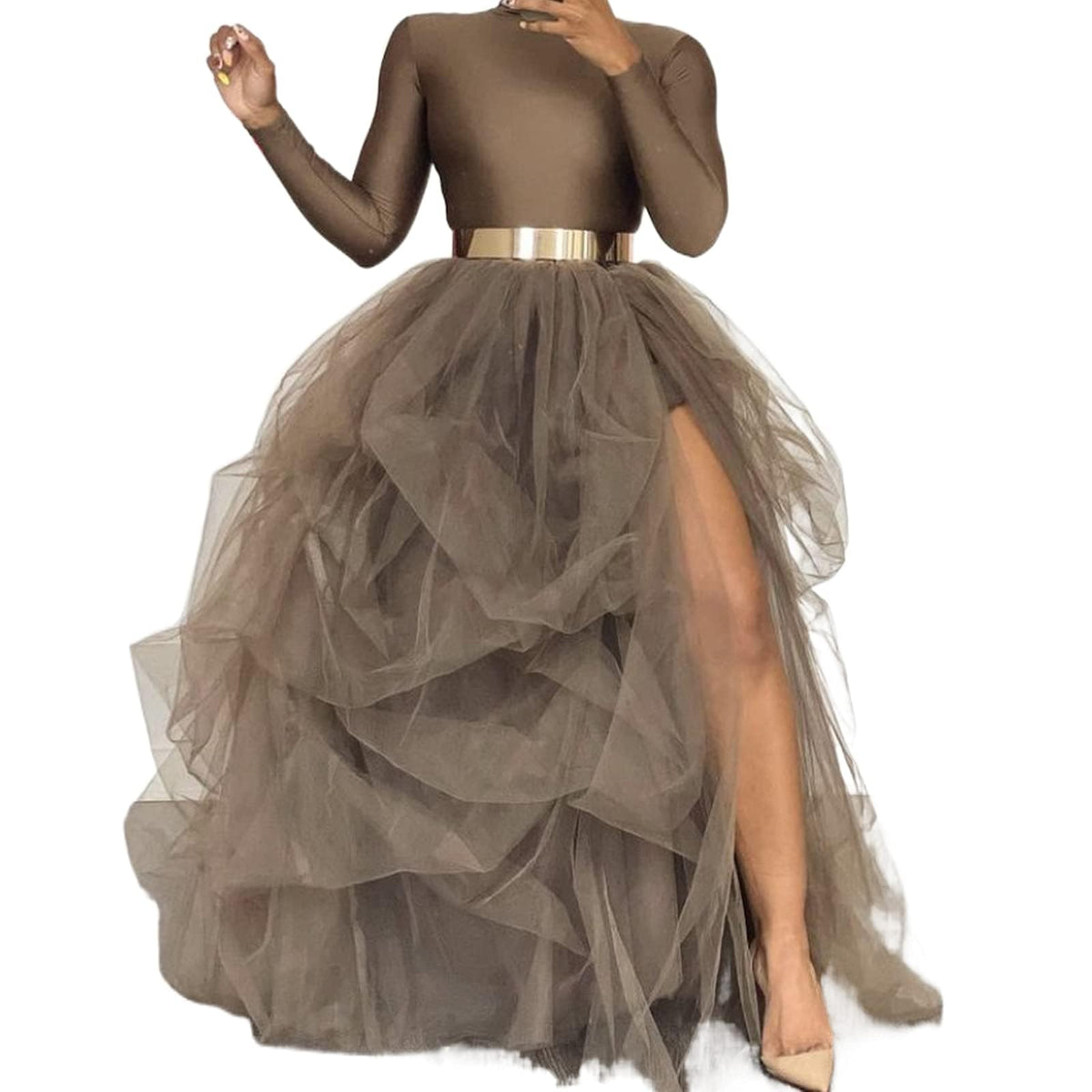 Women's Tulle Maxi Skirt Floor Length Layered Elastic High Waist Split Skirt A-Line Puffy Lace Mesh Tutu Skirt
