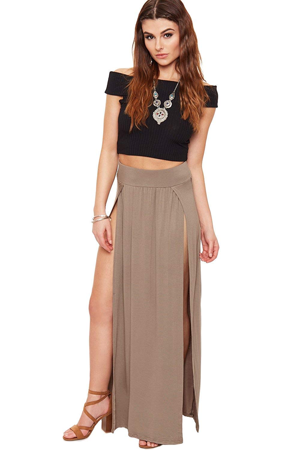 OgLuxe Womens Double Split Maxi Long Skirt Ladies Plain Basic Two Side Slit 4-22
