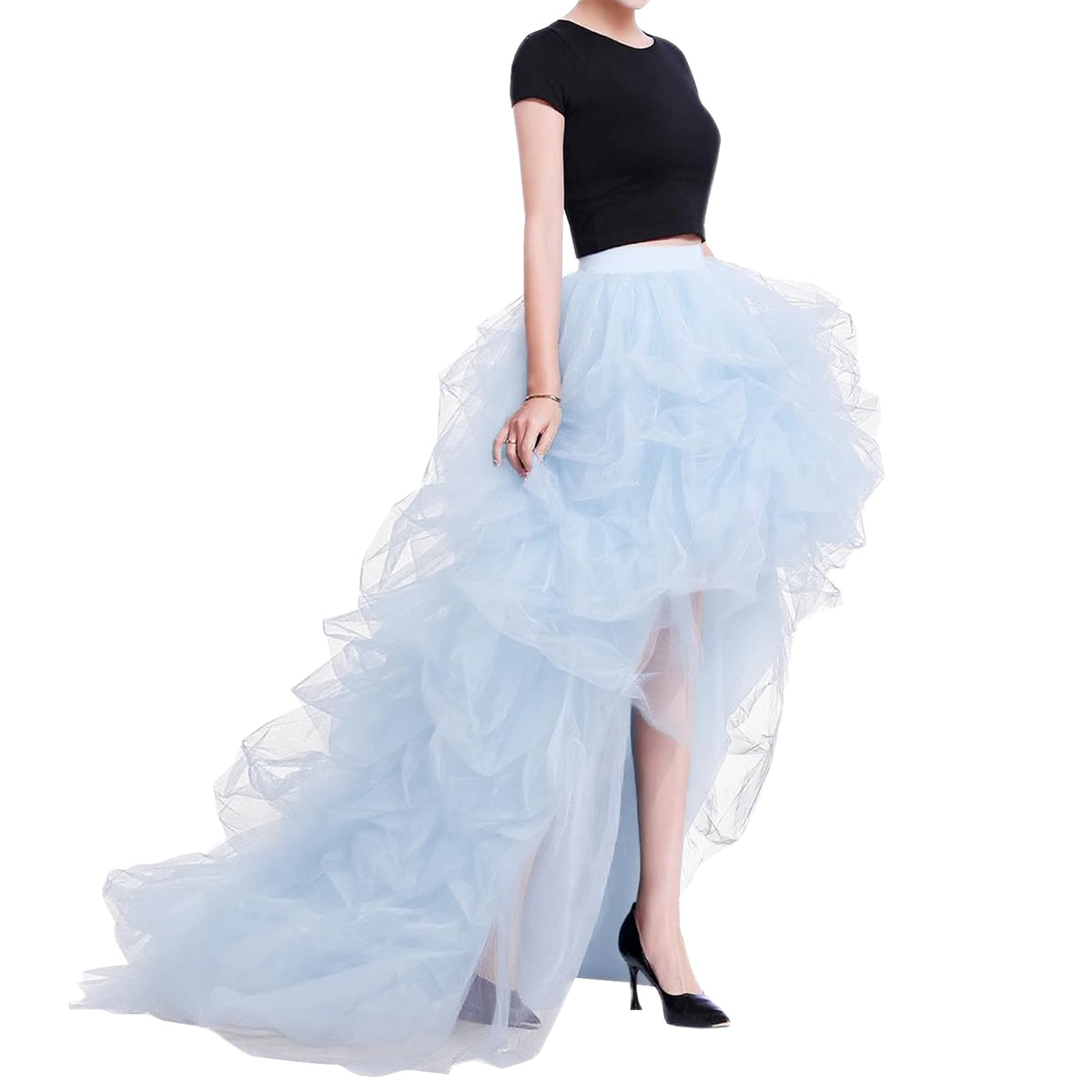 WDPL Women’s High Low Ruffled Tulle Skirt, Long Back Hem for Party Evening