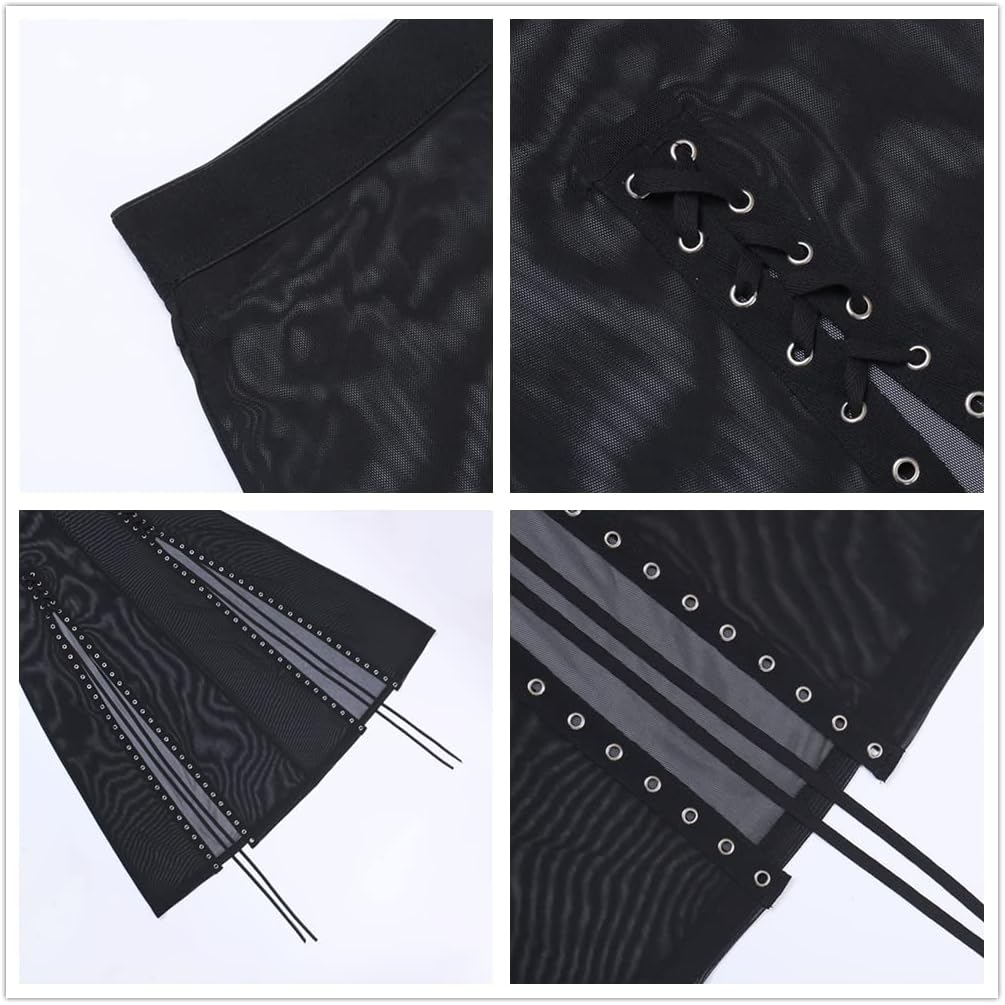 Goth Double Slit Maxi Skirt for Women Punk Black See Through Sheer Mesh Long Split Skirts