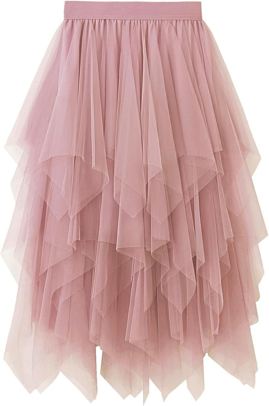 Reaowazo Tulle Skirts for Women Midi Long Fairy Skirt Tutu A-Line Mesh Layered High Elastic Waist Halloween Skirts