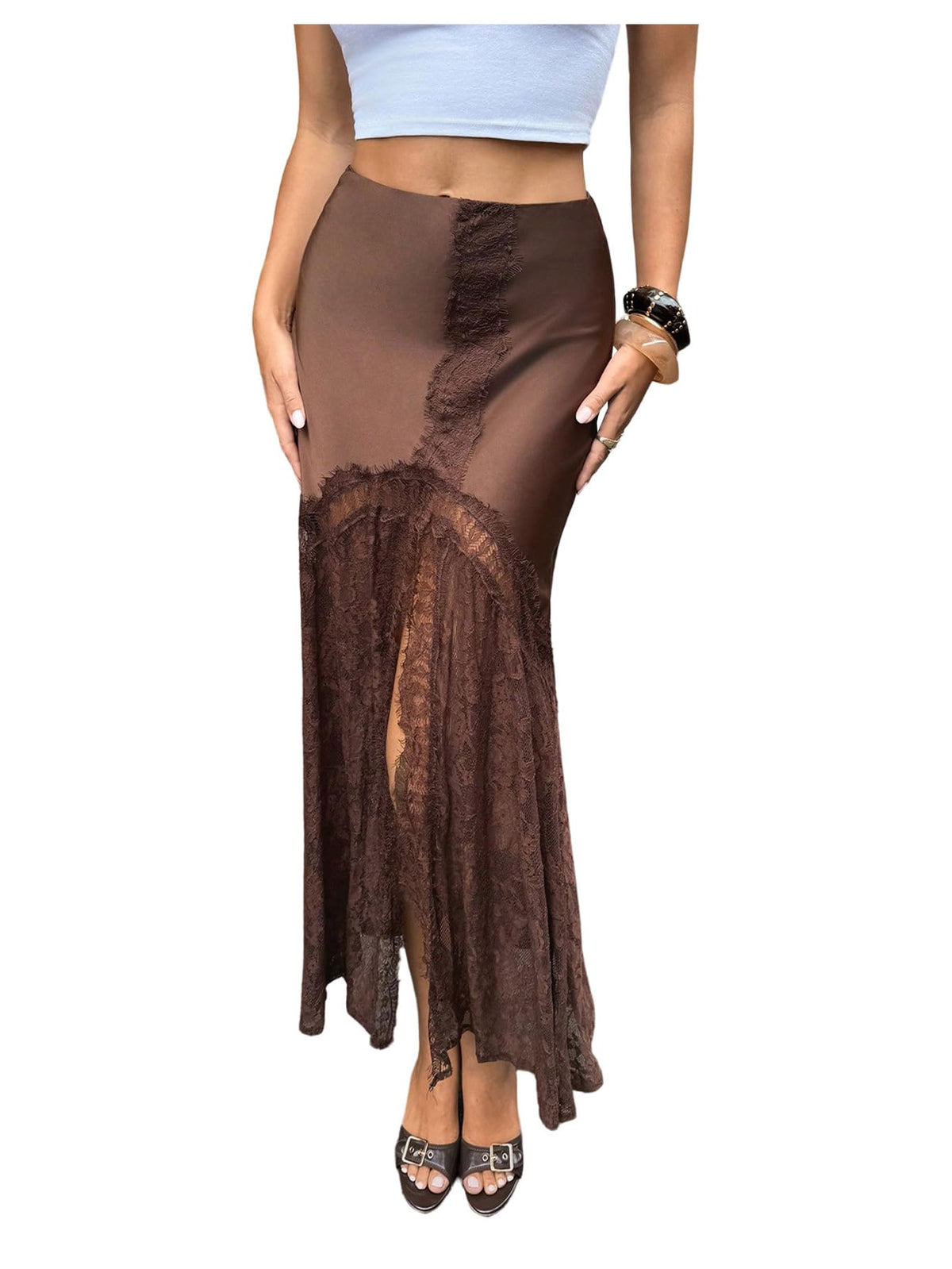 WDIRARA Women's Lace High Slit Skirt Low Rise Ruffle Flowy Long Skirts