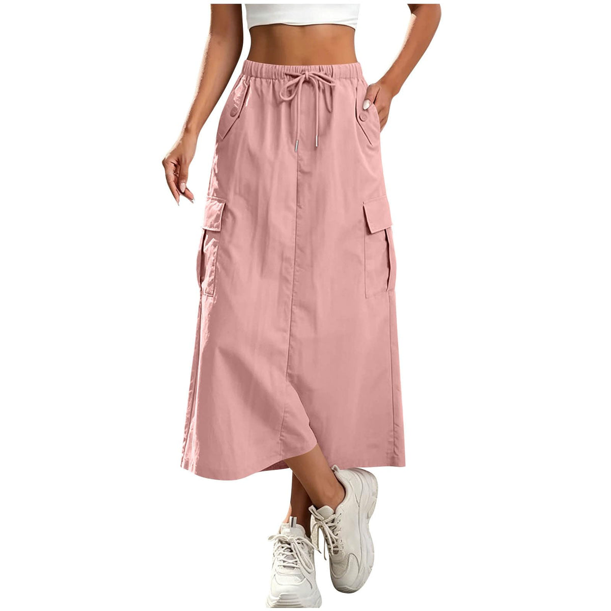 Women's Cargo Skirts Elastic Waist Drawstring Utility Midi Skirt with Multi-Pockets Casual Trendy Streetwear Skirts