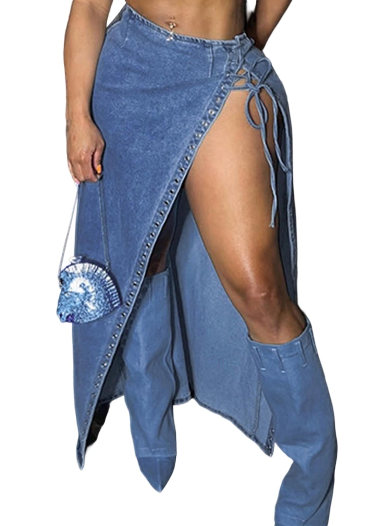 Womens Denim Skirt Long High Waisted Button Down Jean Skirts Maxi with Slit