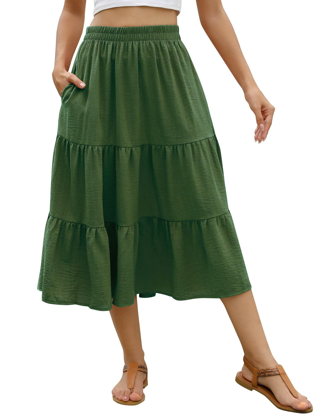 Lyrur Women's Floral Midi Skirt with Pockets High Elastic Waist Flowy Ruffle Casual Summer Boho Aline Skirts
