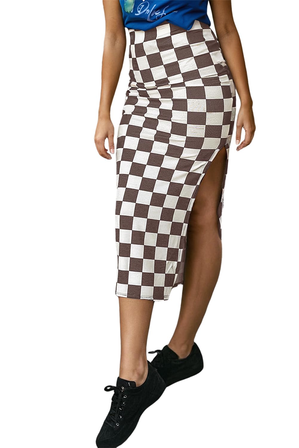 EARKOHA Womens Checkered Slit Midi Skirt Summer Fall Bodycon Long Skirts