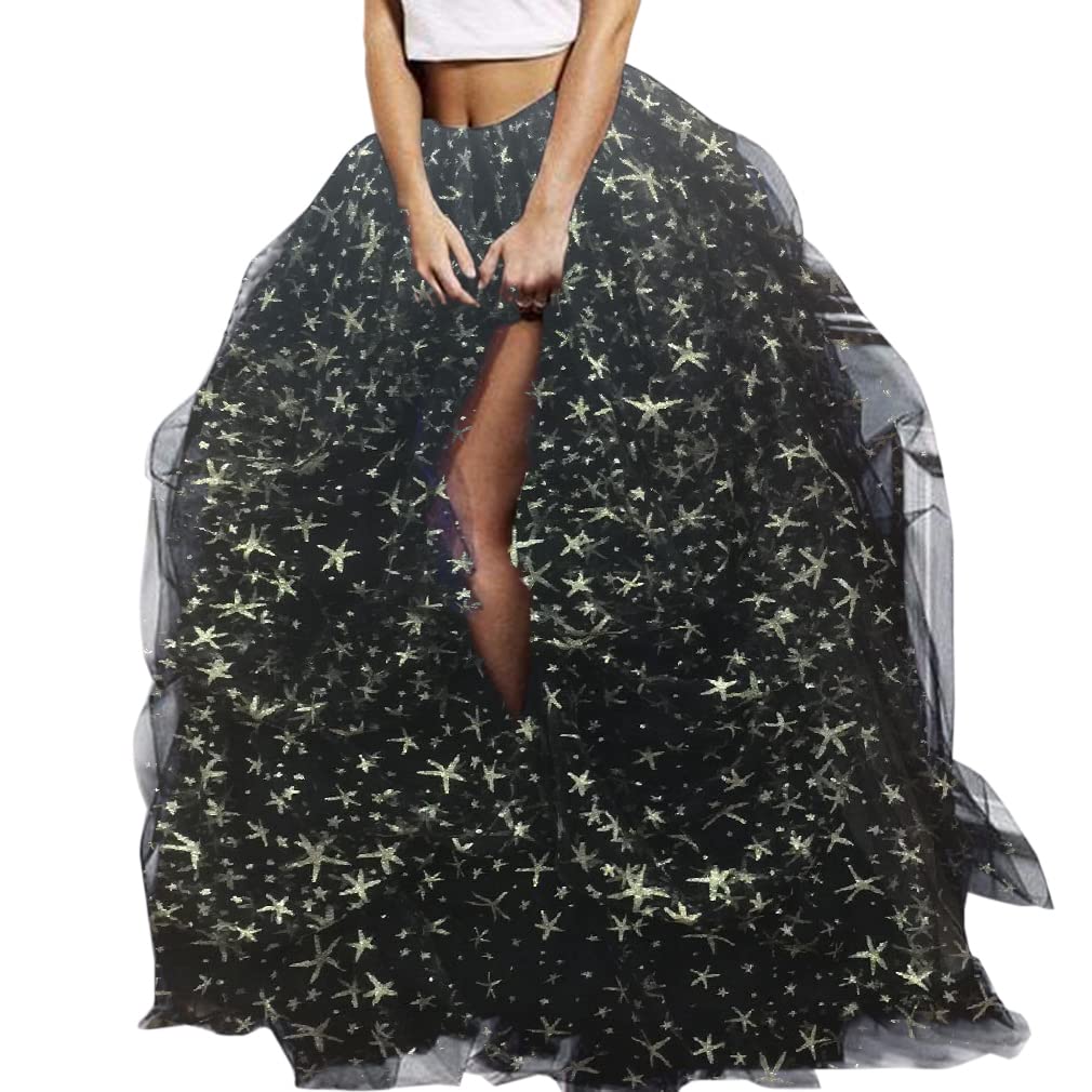 WDPL Women's Long Maxi Slit Tulle Special Occasion Bustle Night Out Skirt