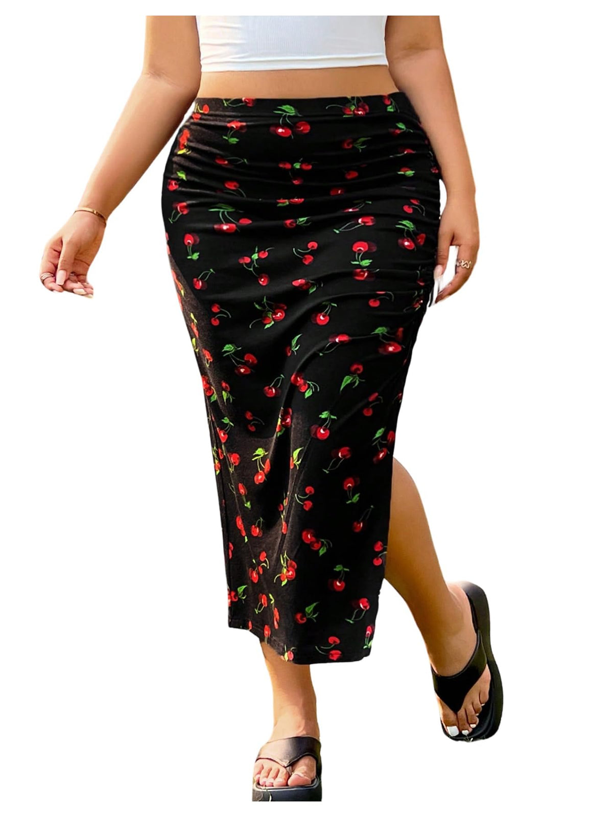 WDIRARA Women's Plus Size Checkered Split Midi High Waist Pencil Skirt