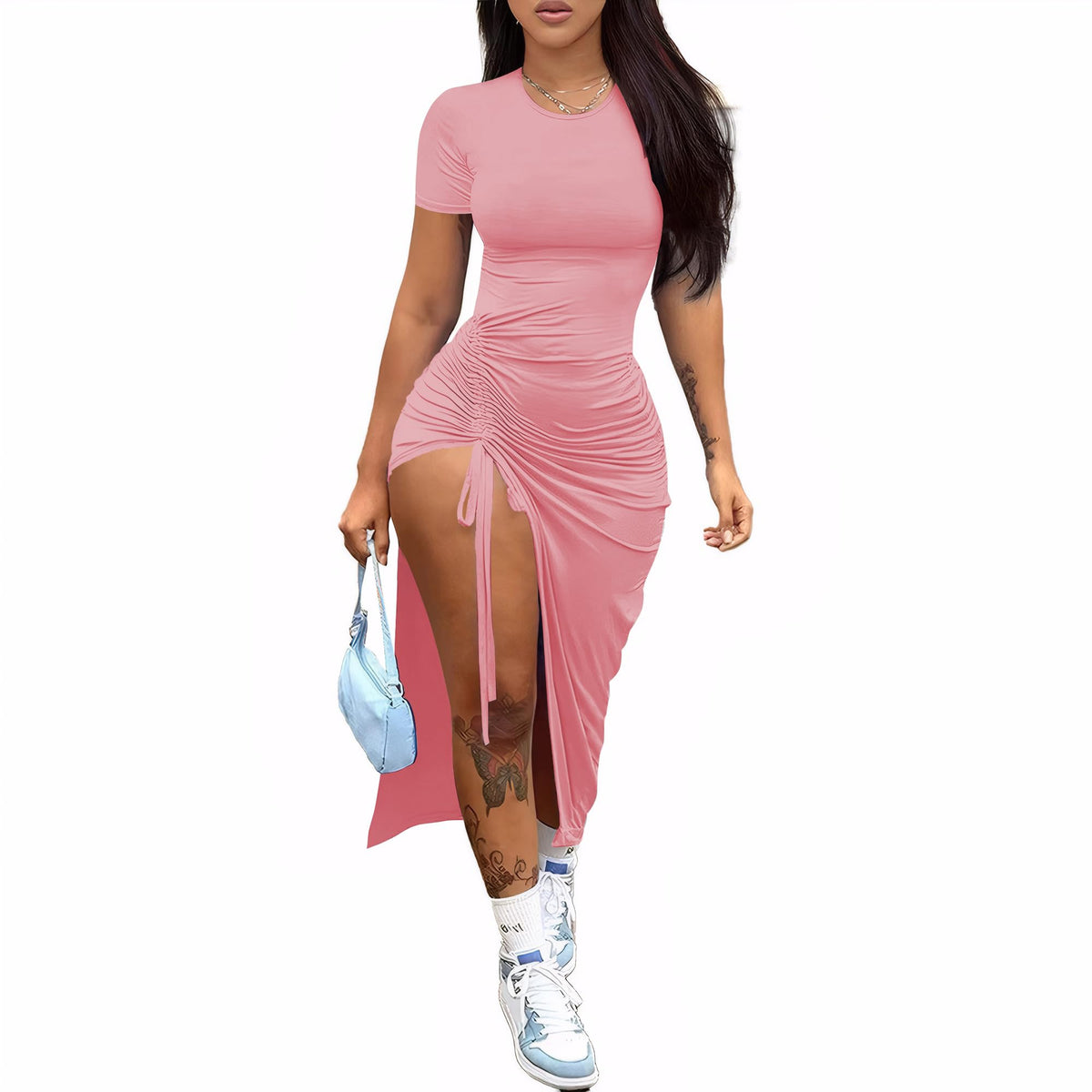 Nimsruc Women Sexy Summer Bodycon Dresses Short Sleeve Slit Maxi Club Dress