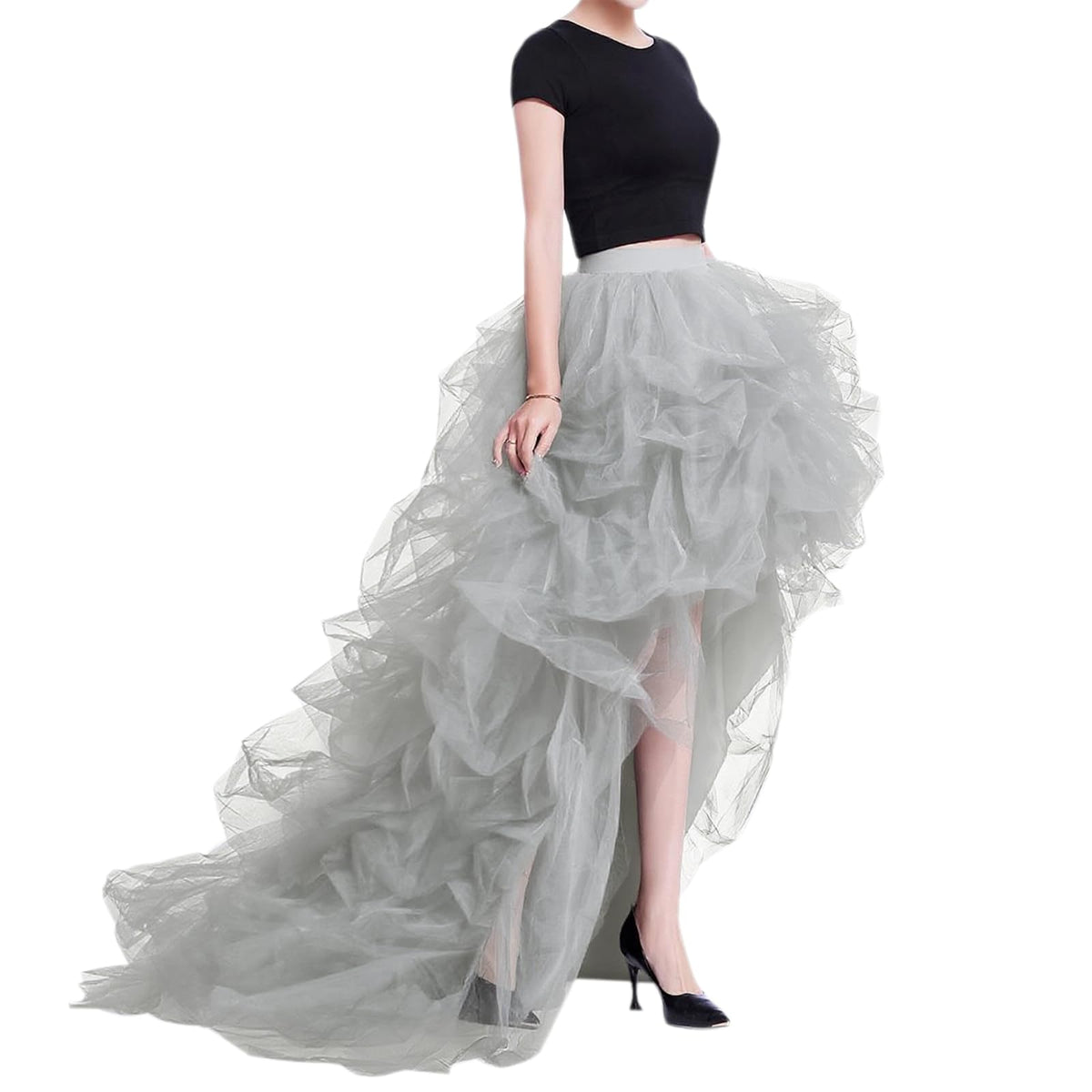 WDPL Women’s High Low Ruffled Tulle Skirt, Long Back Hem for Party Evening
